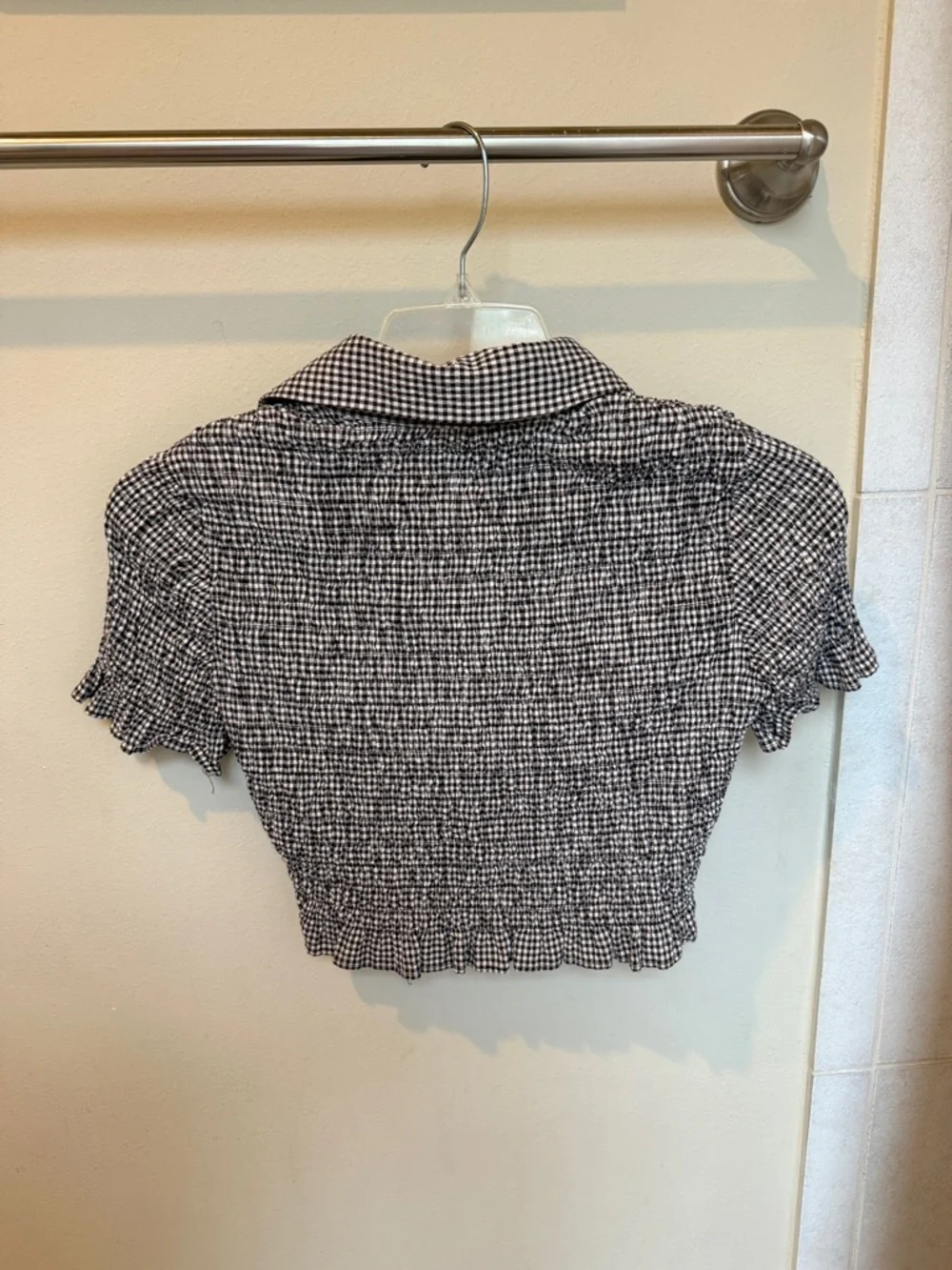 Zara Brown & White Gingham Smocked Cropped Button Top